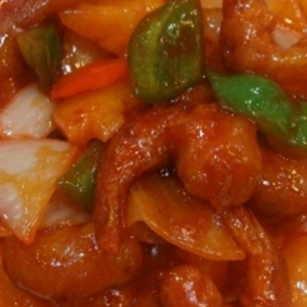 gambas crujientes con fruta en salsa agridulce